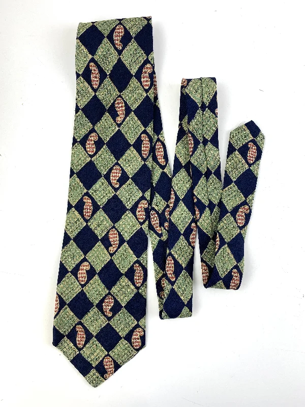 90s Deadstock Silk Necktie, Men's Vintage Green/ Blue Check Paisley Pattern Tie, NOS