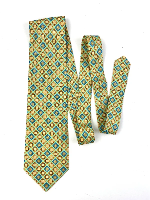 90s Deadstock Silk Necktie, Men's Vintage Green/ Blue/ Gold Geometric Check Pattern Tie, NOS