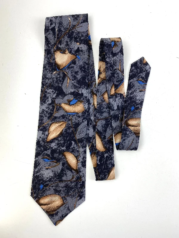 90s Deadstock Silk Necktie, Men's Vintage Grey/ Blue Botanical Pattern Tie, NOS