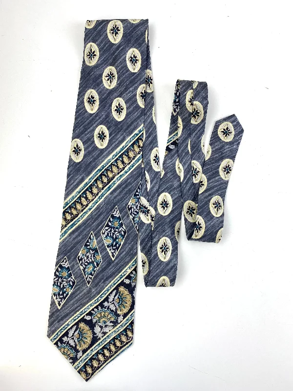 90s Deadstock Silk Necktie, Men's Vintage Grey/ Teal Abstract Botanical Pattern Tie, NOS