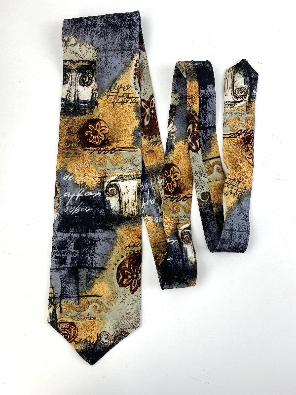 90s Deadstock Silk Necktie, Men's Vintage Grey/ Gold Classical Theme Abstract Pattern Tie, NOS