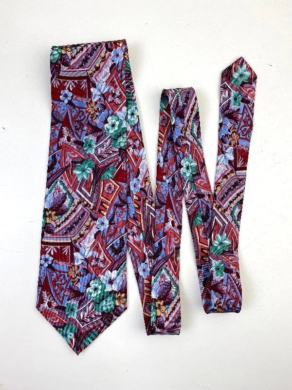 90s Deadstock Silk Necktie, Men's Vintage Red /Purple/ Green Abstract Floral Pattern Tie, NOS