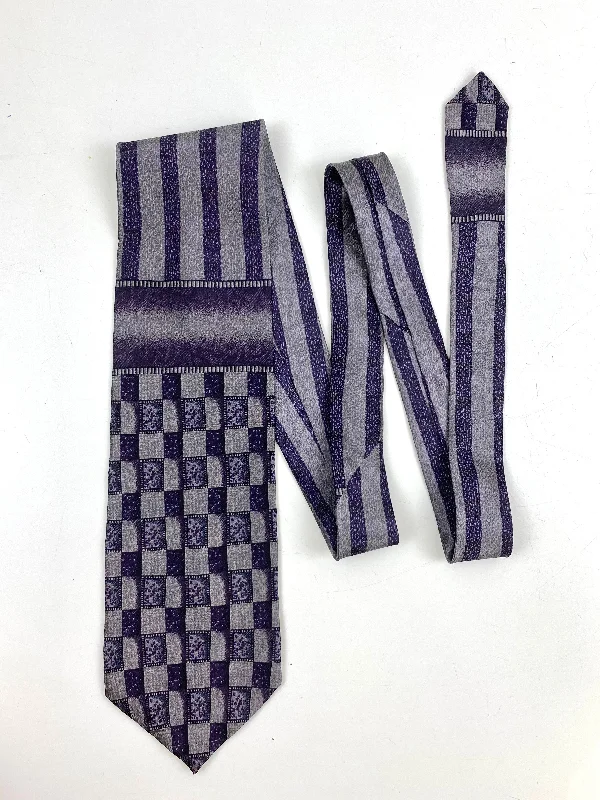 90s Deadstock Silk Necktie, Men's Vintage Purple Check & Stripe Pattern Tie, NOS