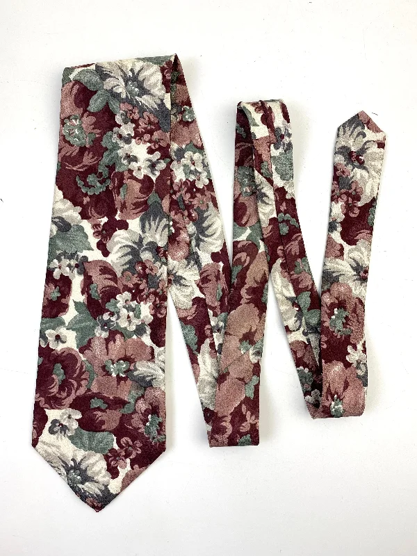 90s Deadstock Silk Necktie, Men's Vintage Wine/ Green Floral Pattern Tie, NOS