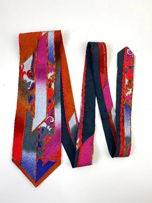 90s Deadstock Silk Necktie, Men's Vintage Red/ Pink/ Orange Art Nouveau Filigree Pattern Tie, NOS