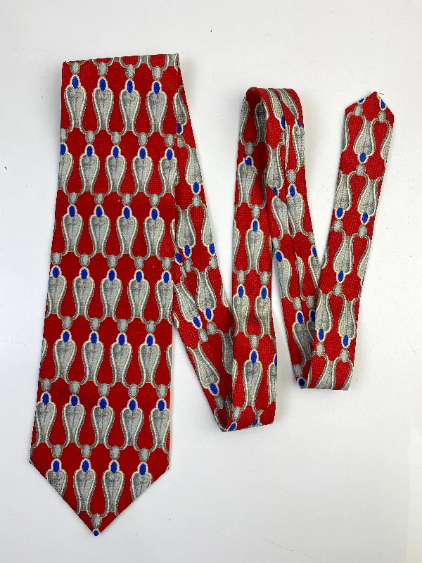 90s Deadstock Silk Necktie, Men's Vintage Red/ Blue Art Deco Pattern Tie, NOS