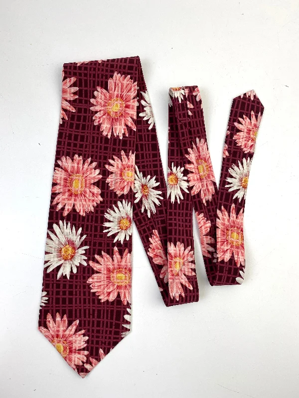 90s Deadstock Silk Necktie, Men's Vintage Wine/ Pink/ White Floral Daisy Pattern Tie, NOS