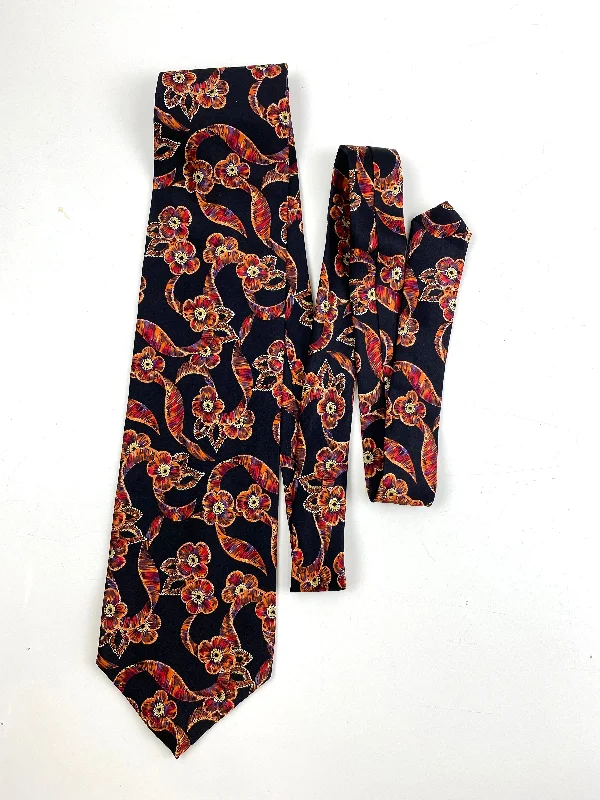 90s Deadstock Silk Necktie, Men's Vintage Black/ Orange/ Red Floral Ribbon Pattern Tie, NOS