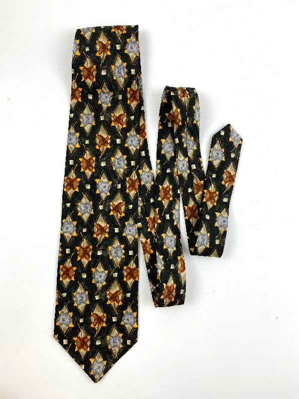 90s Deadstock Silk Necktie, Men's Vintage Green/ Yellow/ Grey/ Brown Diamond Botanical Pattern Tie, NOS