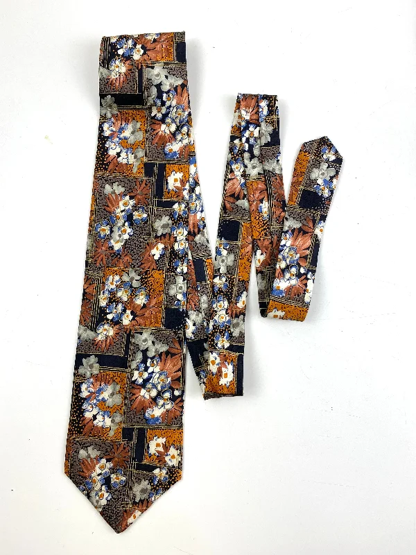 90s Deadstock Silk Necktie, Men's Vintage Orange/ Brown Floral Pattern Tie, NOS