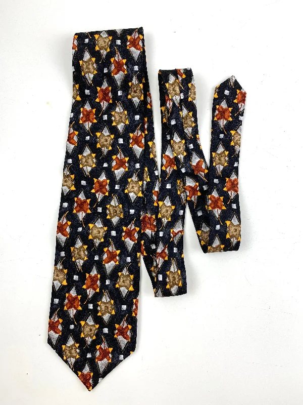 90s Deadstock Silk Necktie, Men's Vintage Grey/ Rust/ Yellow Floral Diamond Pattern Tie, NOS