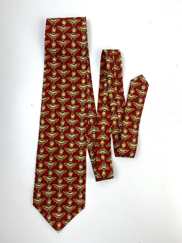 90s Deadstock Silk Necktie, Men's Vintage Red & Yellow Egyptian Art Deco Pattern Tie, NOS