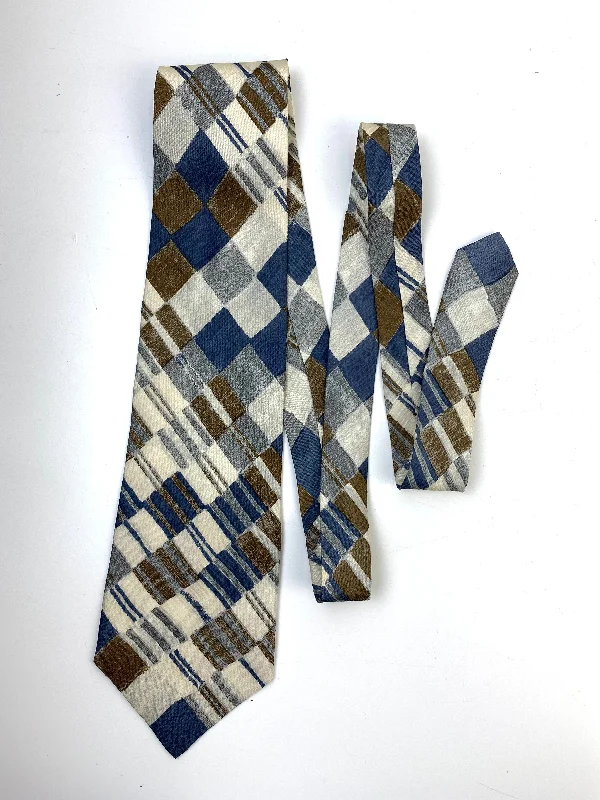 90s Deadstock Silk Necktie, Men's Vintage Taupe/ Blue/ Cream Check Pattern Tie, NOS