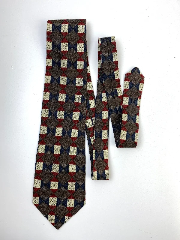 90s Deadstock Silk Necktie, Men's Vintage Taupe/ Red/ Blue Geo-Check Pattern Tie, NOS