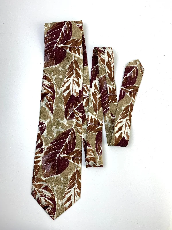 90s Deadstock Silk Necktie, Men's Vintage Taupe/ Plum Leaf Pattern Tie, NOS