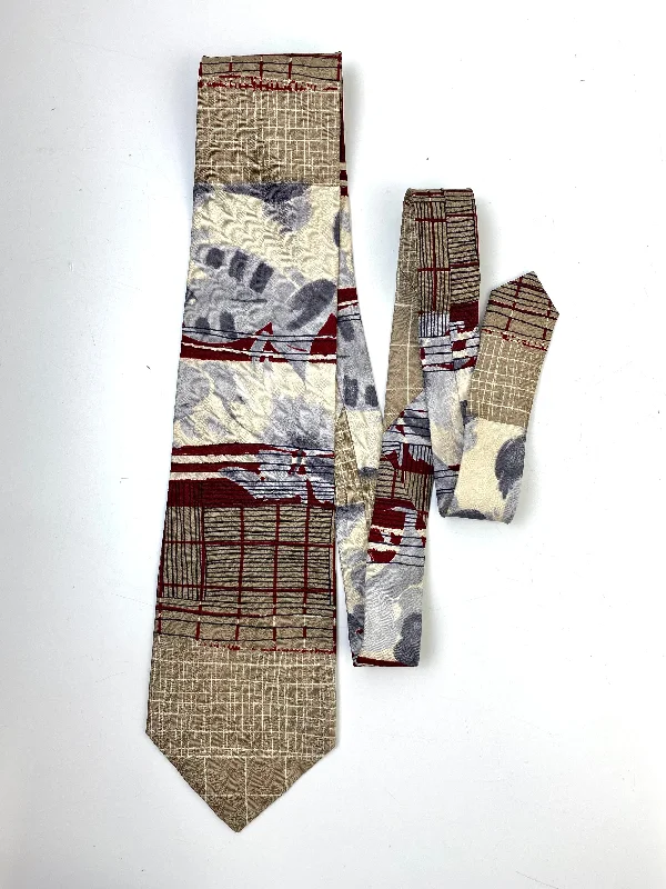 90s Deadstock Silk Necktie, Men's Vintage Taupe/ Blue/ Red Abstract Pattern Tie, NOS