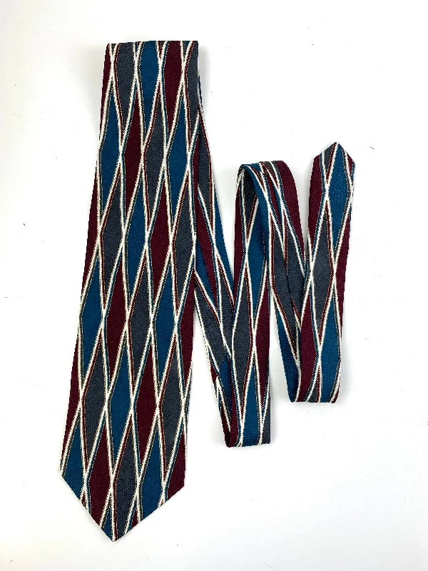 90s Deadstock Silk Necktie, Men's Vintage Teal/ Maroon/ Grey Diamond Harlequin Pattern Tie, NOS