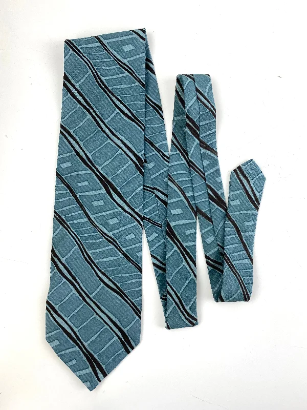 90s Deadstock Silk Necktie, Men's Vintage Teal/ Black Diagonal Stripe Pattern Tie, NOS