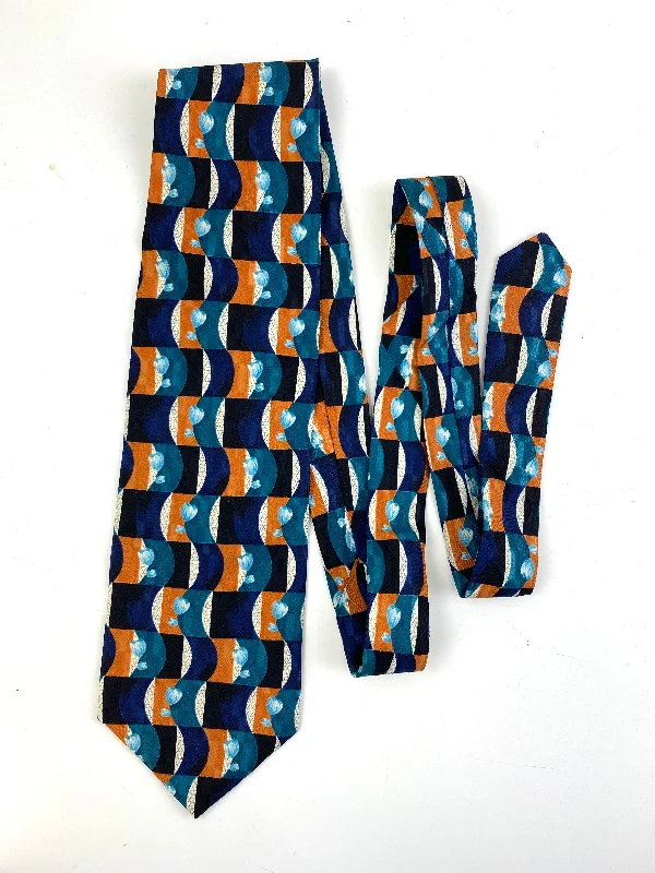 90s Deadstock Silk Necktie, Men's Vintage Teal/ Purple/ Orange Geometric Pattern Tie, NOS