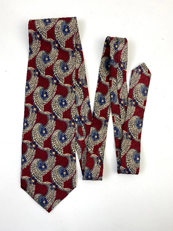 90s Deadstock Silk Necktie, Men's Vintage Wine/ Blue Abstract Floral Pattern Tie, NOS