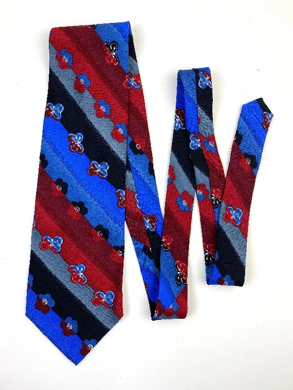 90s Deadstock Silk Necktie, Men's Vintage Wine/ Blue/ Black Floral Butterfly Diagonal Stripe Pattern Tie, NOS