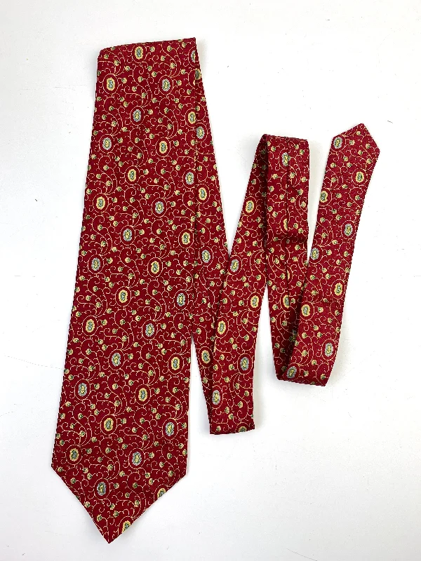 90s Deadstock Silk Necktie, Men's Vintage Red/ Gold Boteh & Vine Pattern Tie, NOS