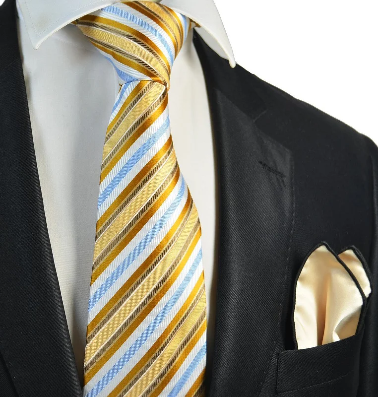 Gold and Blue Striped Men's Tie and Pocket Square