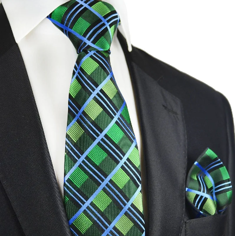 Green and Blue Plaid Silk Tie and Pocket Square