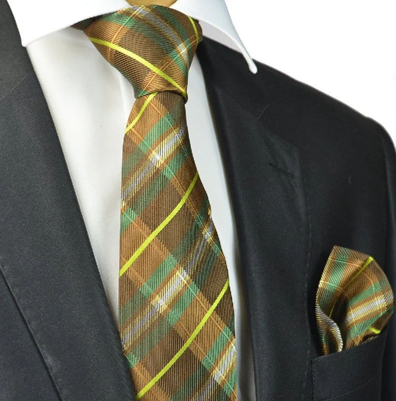 Green and Brown Plaid Silk Tie and Pocket Square