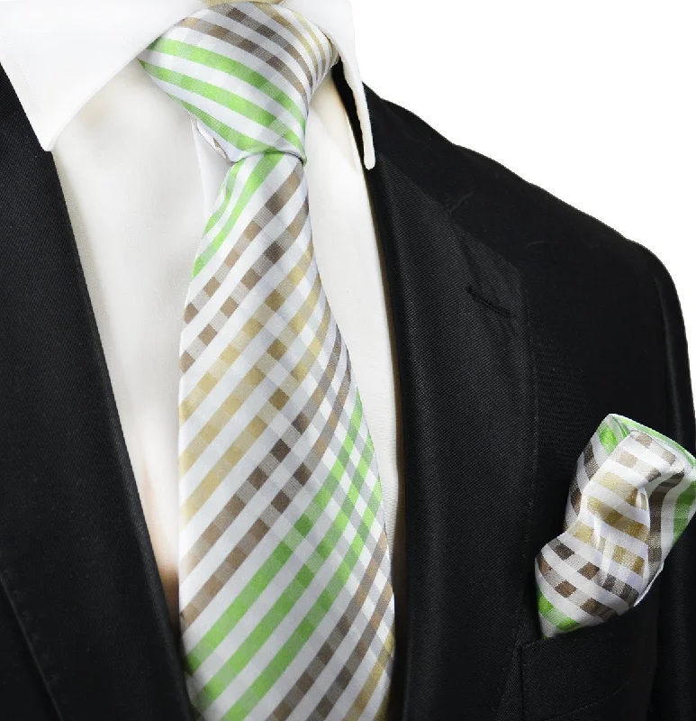 Green and Brown Silk Tie and Pocket Square