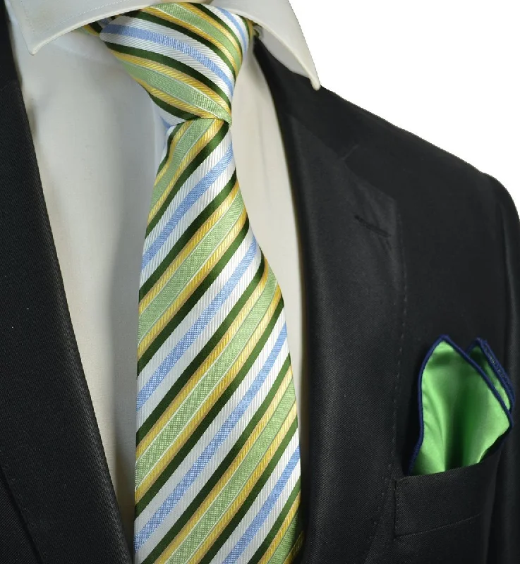 Green, Blue and Yellow Striped Men's Tie and Pocket Square