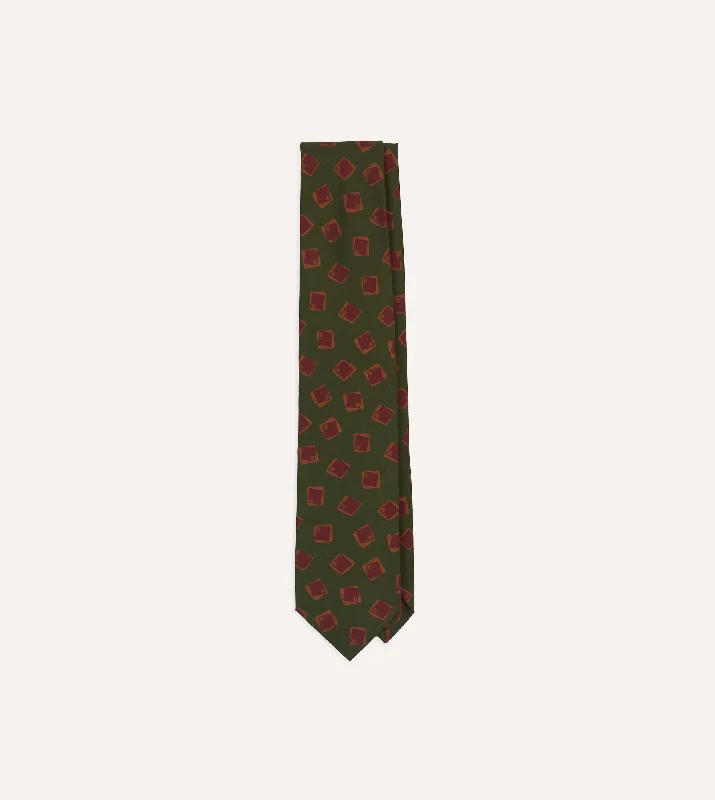 Green Jumbled Tile Print Silk Self Tipped Tie