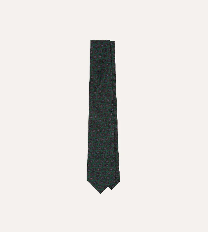 Green Paisley Double Leaf Print Silk Self-Tipped Tie