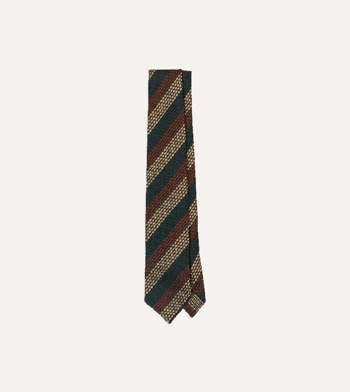 Green, Red and Gold Block Stripe Hand Rolled Silk Grenadine Tie