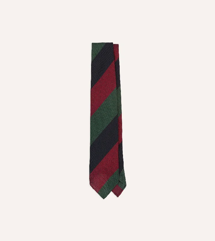 Green, Red and Navy Wide Stripe Hand Rolled Silk Grenadine Tie