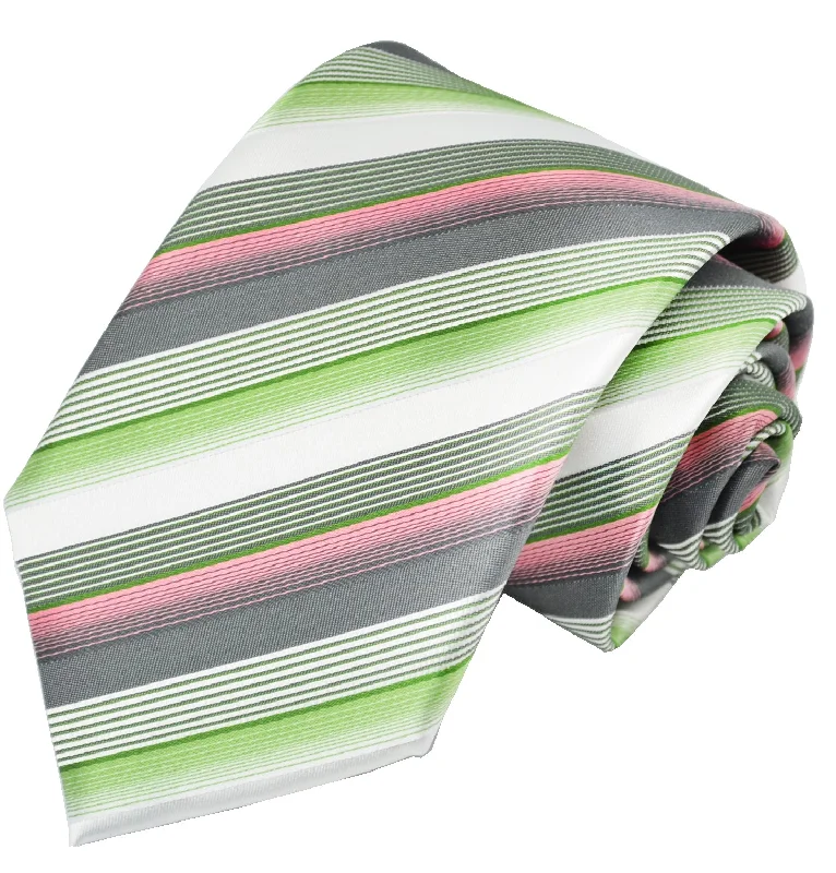 Green and Pink Striped Silk Tie and Pocket Square