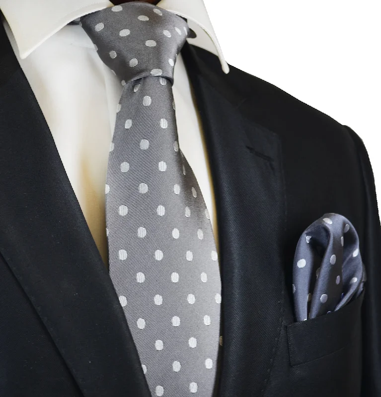 Grey with Silver Polka Dots Silk Tie and Accessories