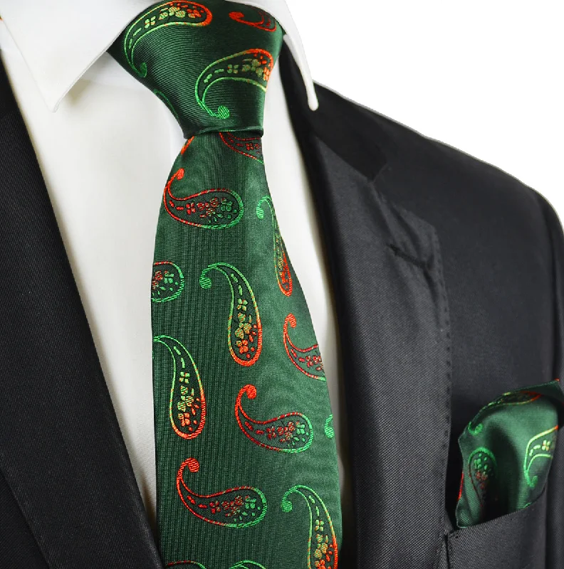 Hunter Green Paisley Silk Tie and Pocket Square