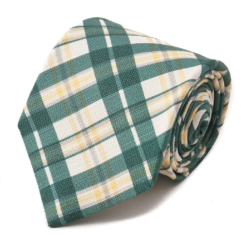 Isaia Green and Yellow Check Print Silk Tie