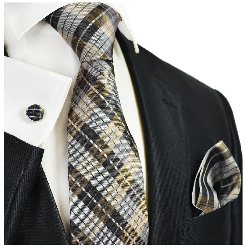 Men's Silk Tie Set in Teak Brown Plaids