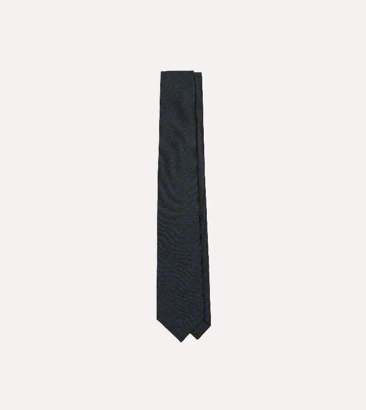 Navy and Green Paisley Double Leaf Print Silk Self-Tipped Tie