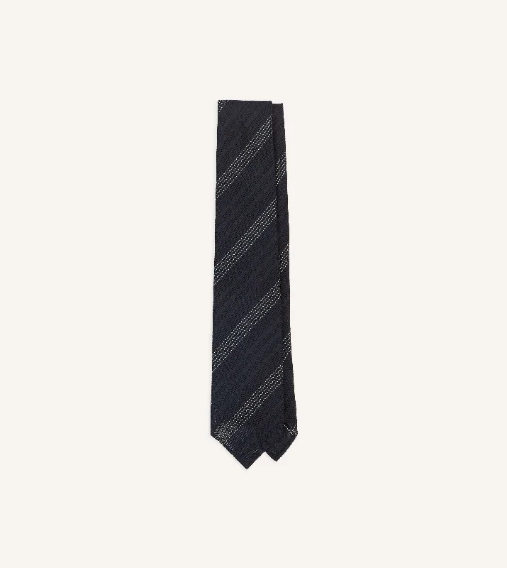 Navy and White Dashed Stripe Hand Rolled Silk Grenadine Tie