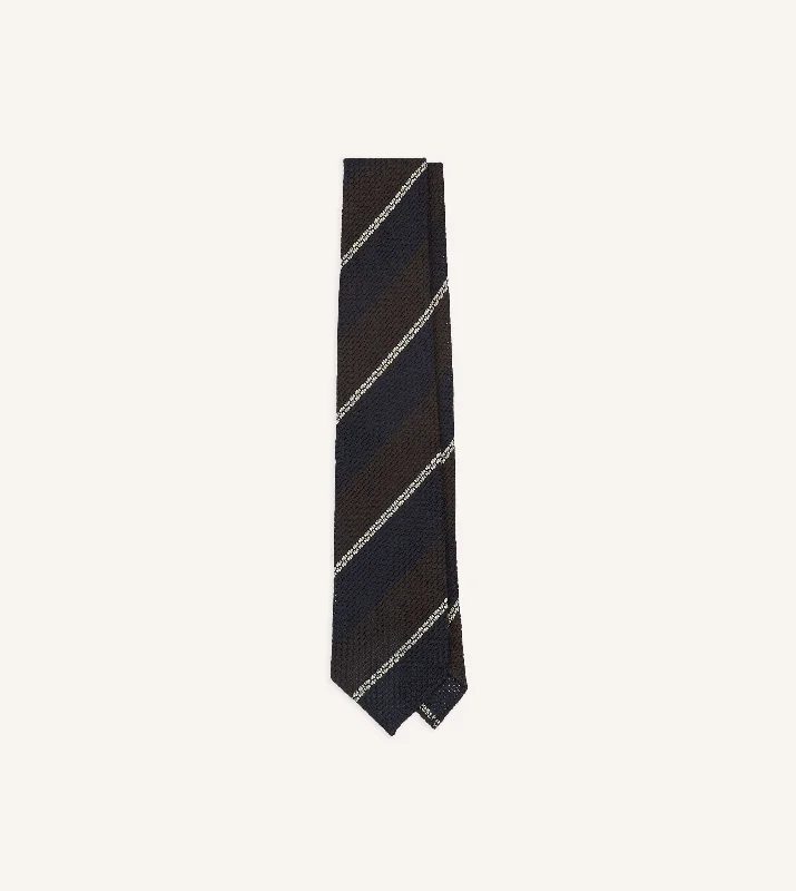 Navy, Brown and White Multi Stripe Hand Rolled Silk Grenadine Tie