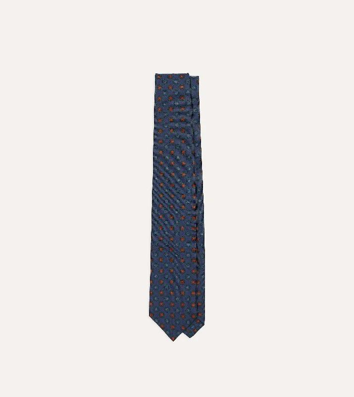 Navy Flower Medallion Print Silk Twill Self Tipped Tie