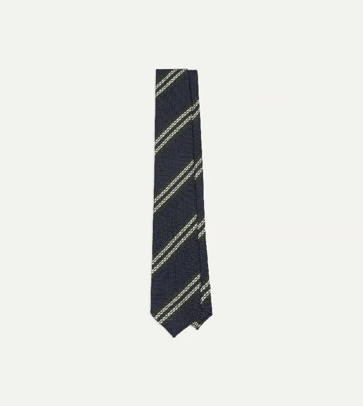 Navy, Green and White Double Stripe Silk Grenadine Tie