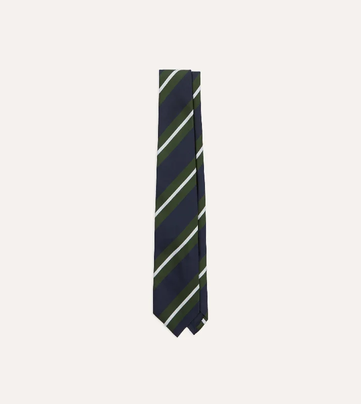 Navy, Green and White Regimental Stripe Mogador Tipped Tie