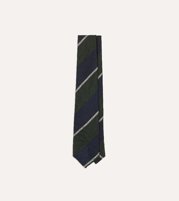 Navy, Green and White Stripe Silk Grenadine Tie