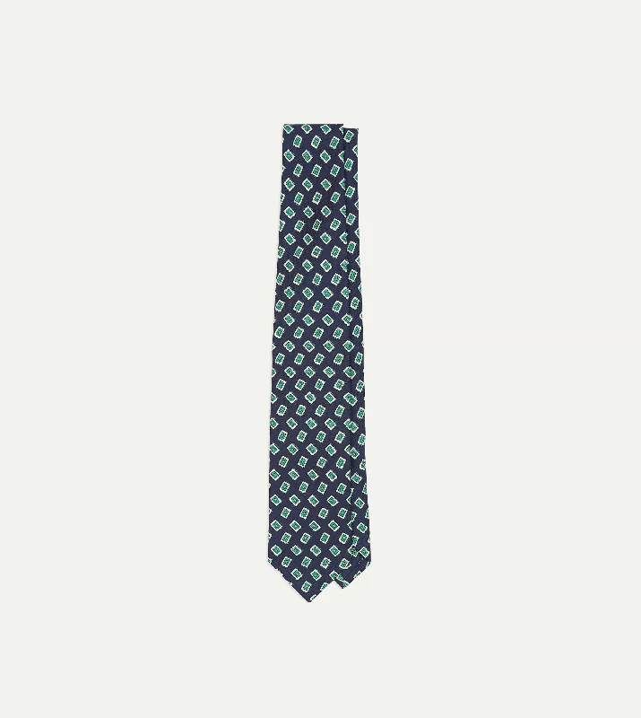 Navy Jumbled Medallion Print Silk Self Tipped Tie