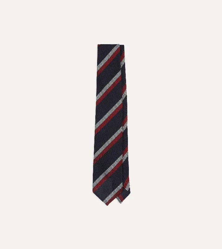 Navy, Red and White Double Stripe Hand Rolled Silk Grenadine Tie