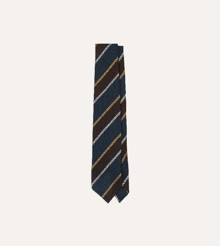 Navy, White and Brown Stripe Hand Rolled Silk Grenadine Tie